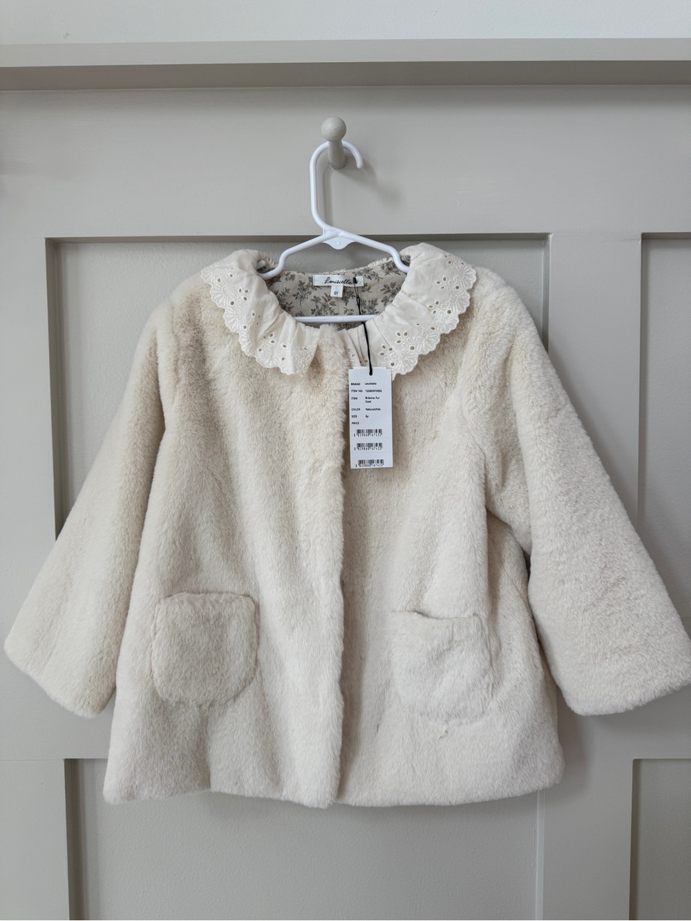 Girls' Cream Faux Fur Puffer Coat with Eyelet Collar